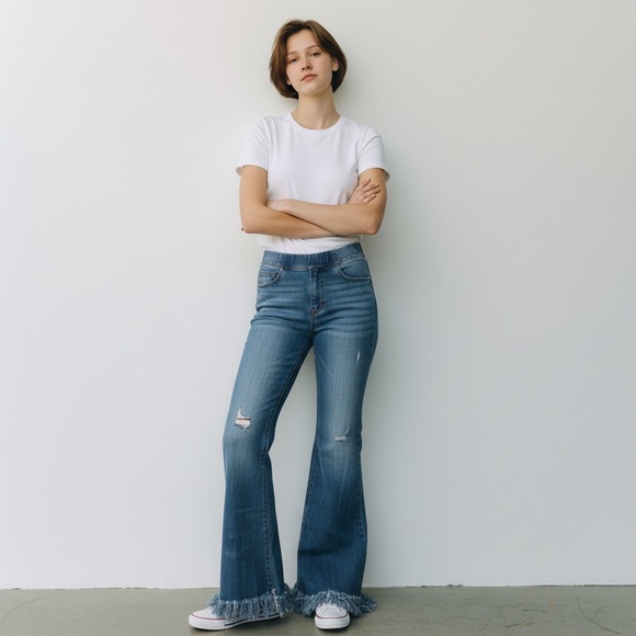 Tricot c’est toi Denim - Flared frayed Womens Jeans M 8 10 Distressed Grunge Hippie bell bottom wide leg